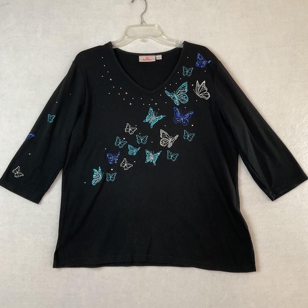 Quacker Factory Womens Black Butterfly Embroidered Rhinestone V-Neck Top Large